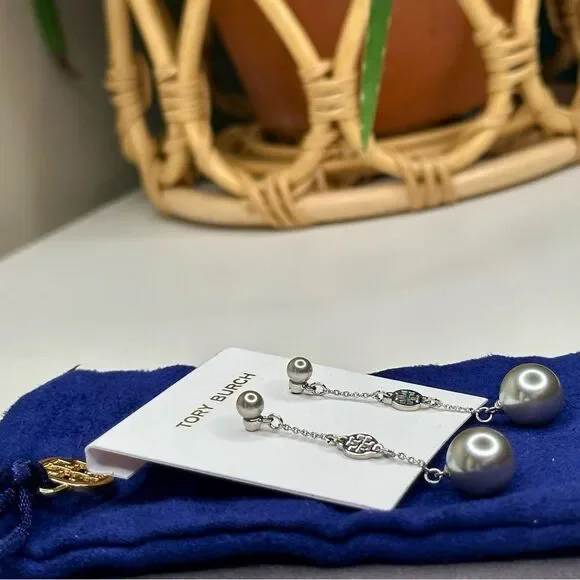 Tory Burch Silver Logo Dangle Pearl Drop Earrings - Elegant Minimalist Jewelry - Picture 5 of 6